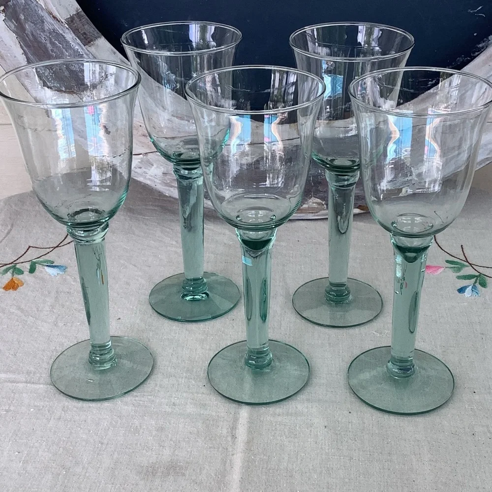 Vintage La Mediterranea Water Wine Handblown 5 Glasses Sea Green Tint Verde